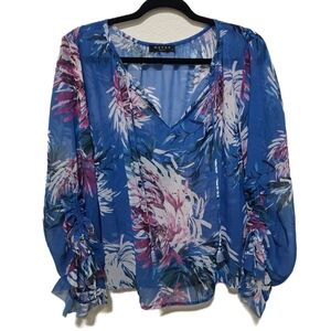 Maven West Blue Floral Blouse Sheer Boho Long Sleeve Size Small